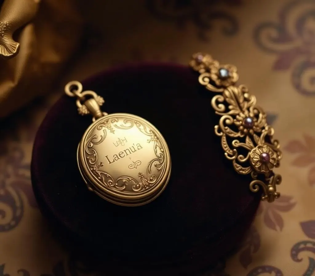 Antique Victorian gold locket and ornate bracelet on velvet — sell antique gold jewelry in Dallas