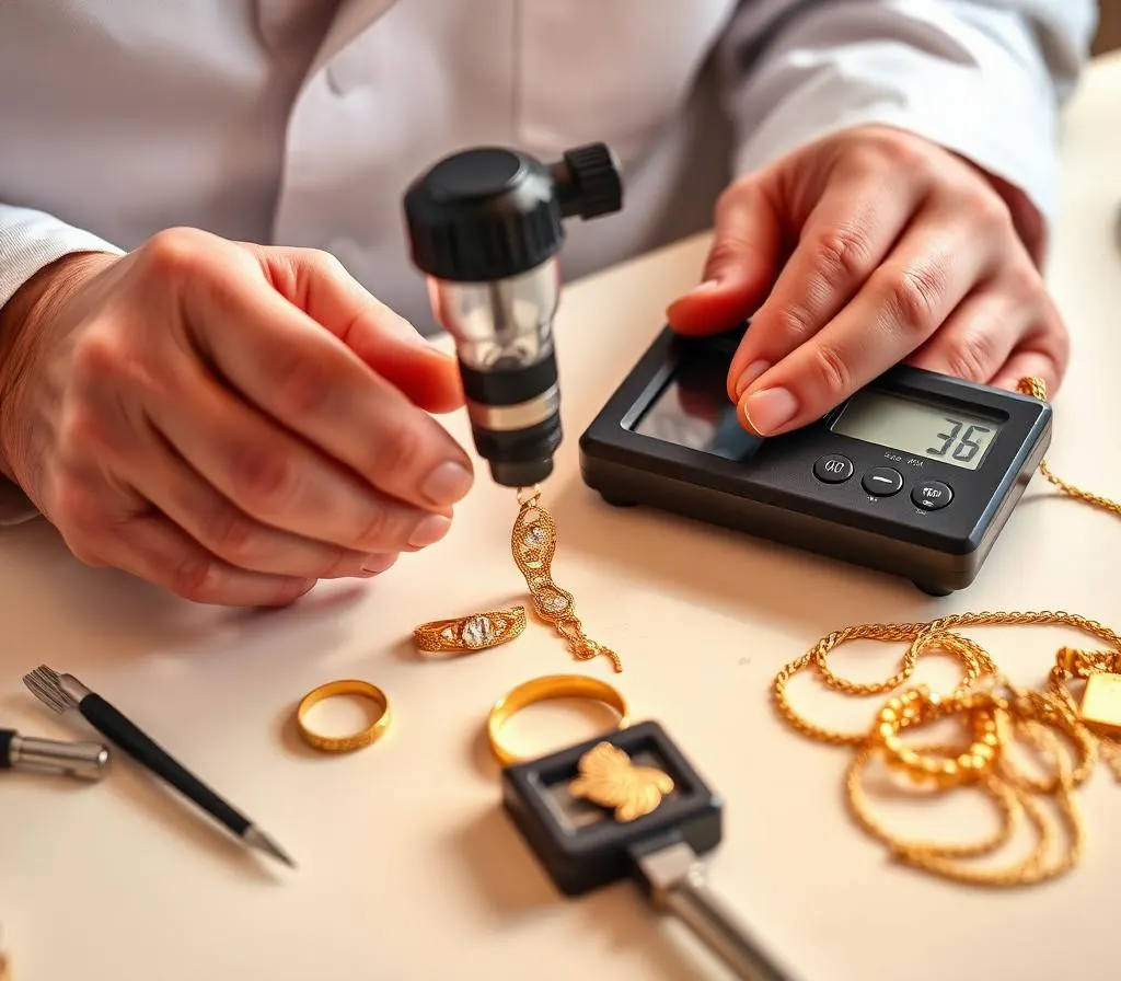 Jeweler appraising gold jewelry with loupe and digital scale — gold appraisal services in Dallas