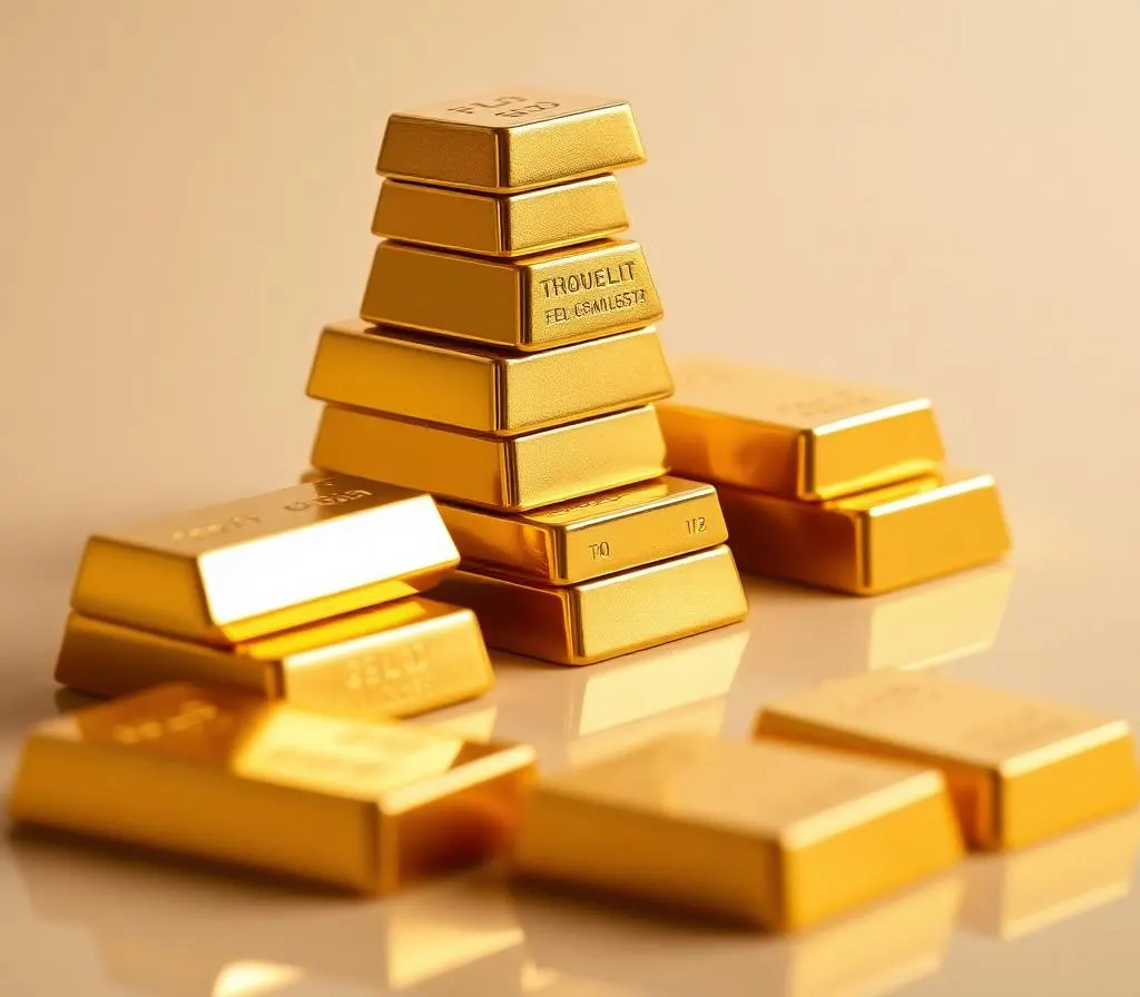 Stacked gold bullion bars and ingots — sell gold bullion in Dallas TX