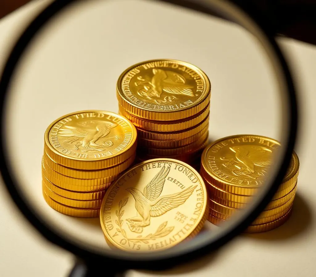 Stacks of gold coins under a jeweler's loupe — sell gold coins in Dallas TX