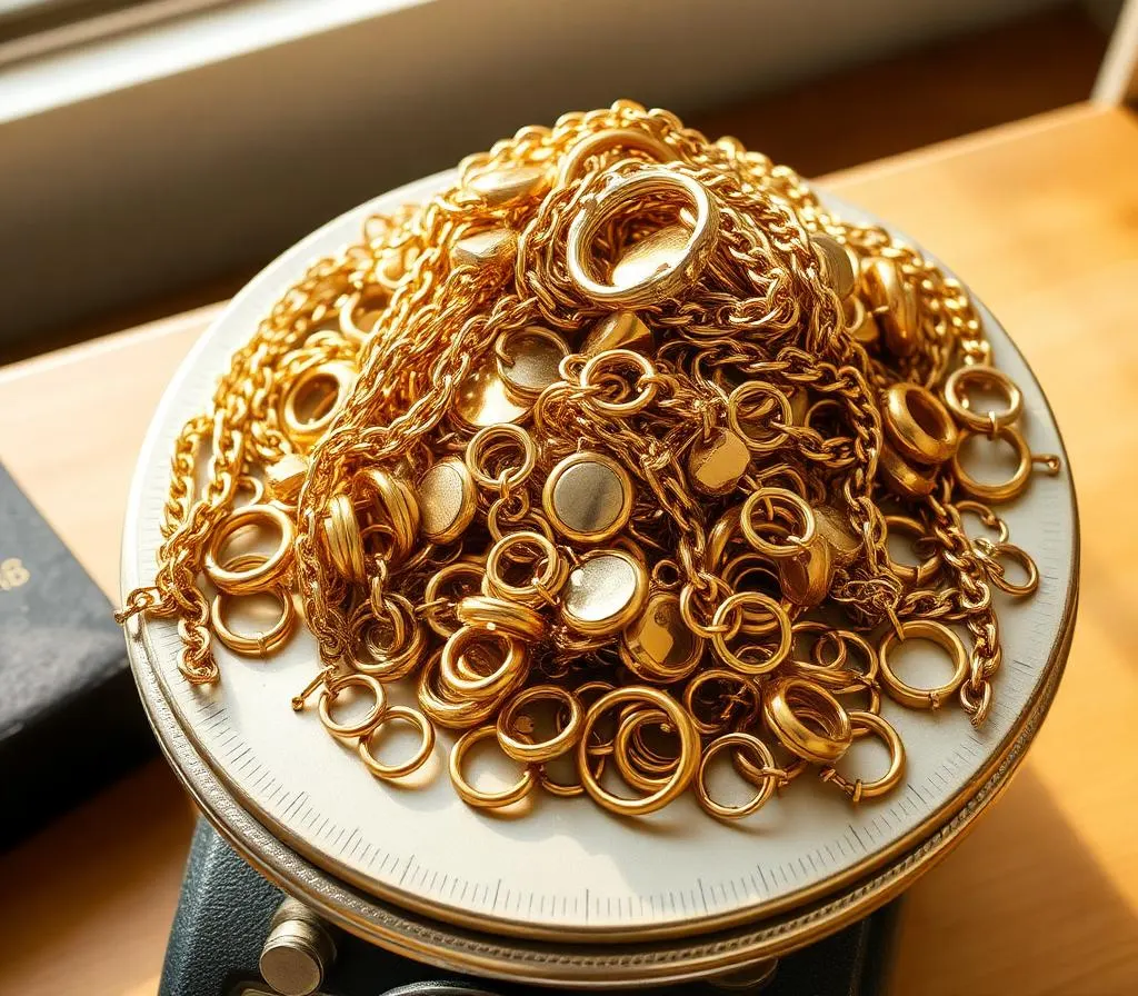 Scrap gold chains and broken jewelry on a precision jeweler's scale — sell scrap gold in Dallas
