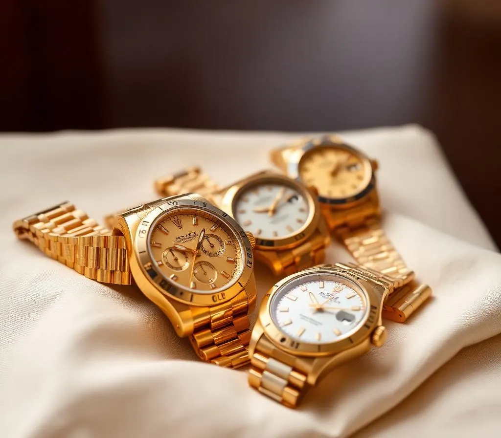 Luxury gold wristwatches arranged on cream linen — sell gold watches in Dallas TX
